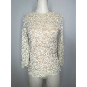 Vintage 90s/Y2K Ivory Lace Blouse XS Sheer Floral Top w/ Lining, Shoulder Pads